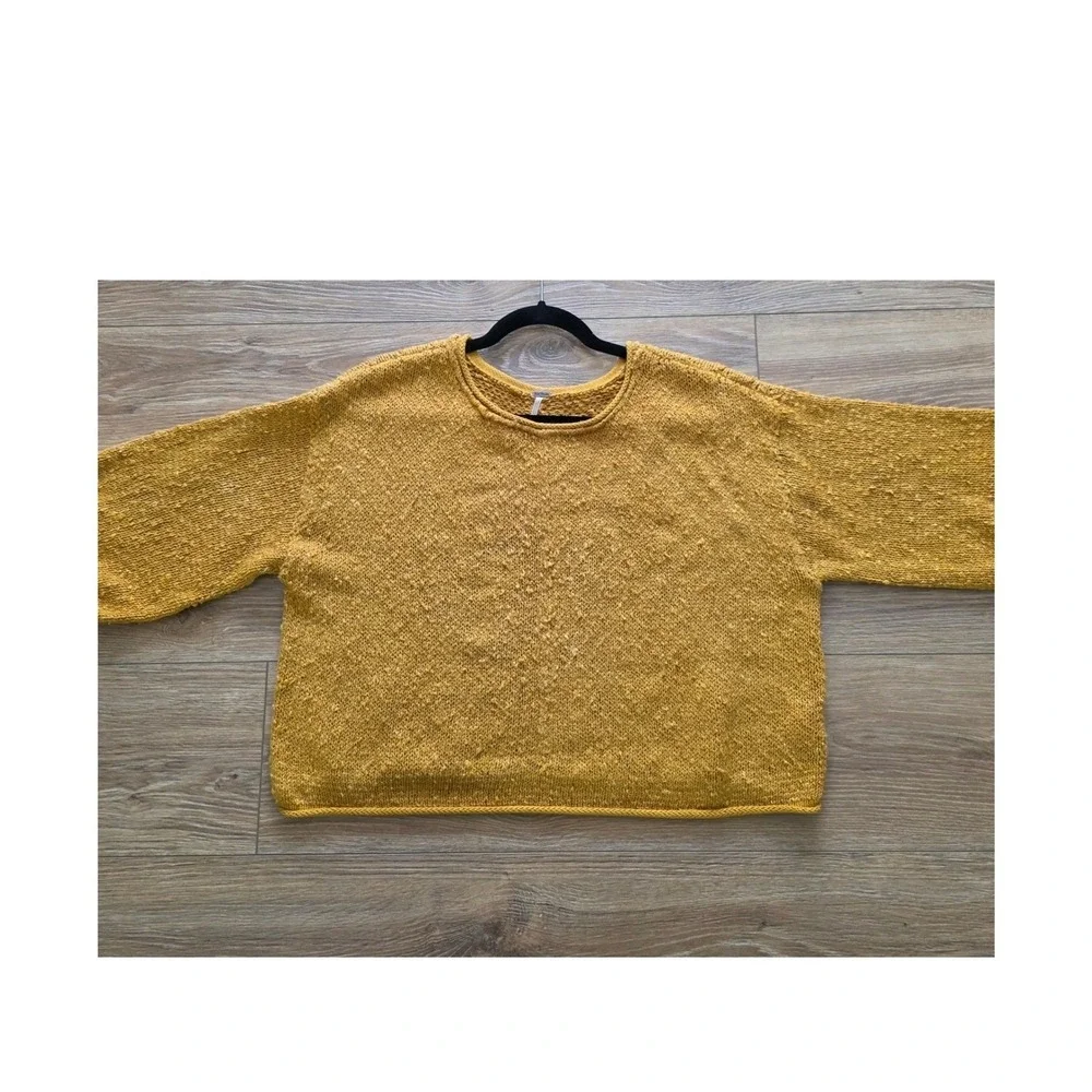 Free‎ People Textured Knit Sweater Mustard Yellow Cropped Boho Pullover Sz SP